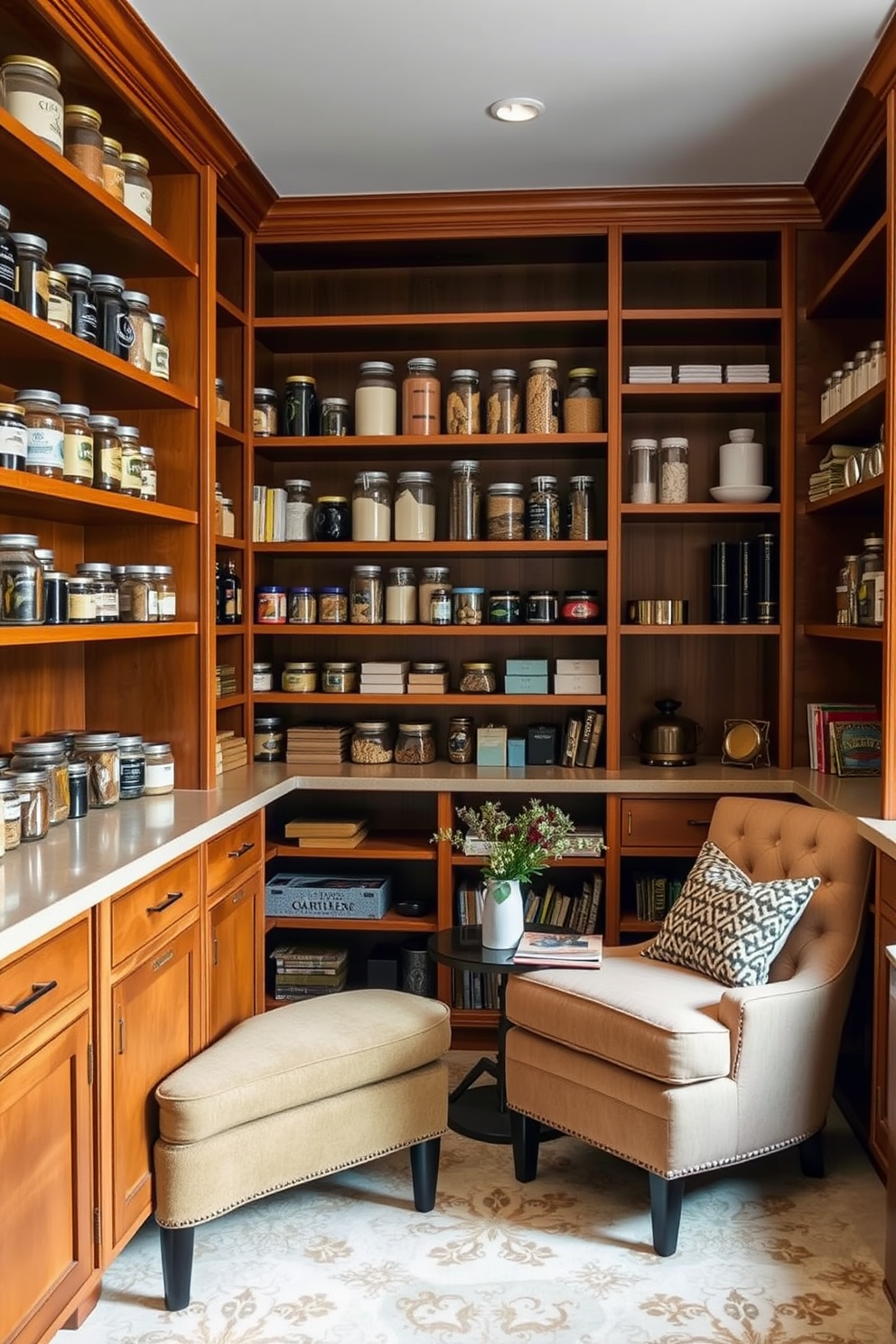 A spacious pantry with warm wooden shelves filled with neatly organized jars and containers. In one corner, a cozy reading nook features a plush armchair and a small side table, inviting relaxation amidst the culinary essentials.