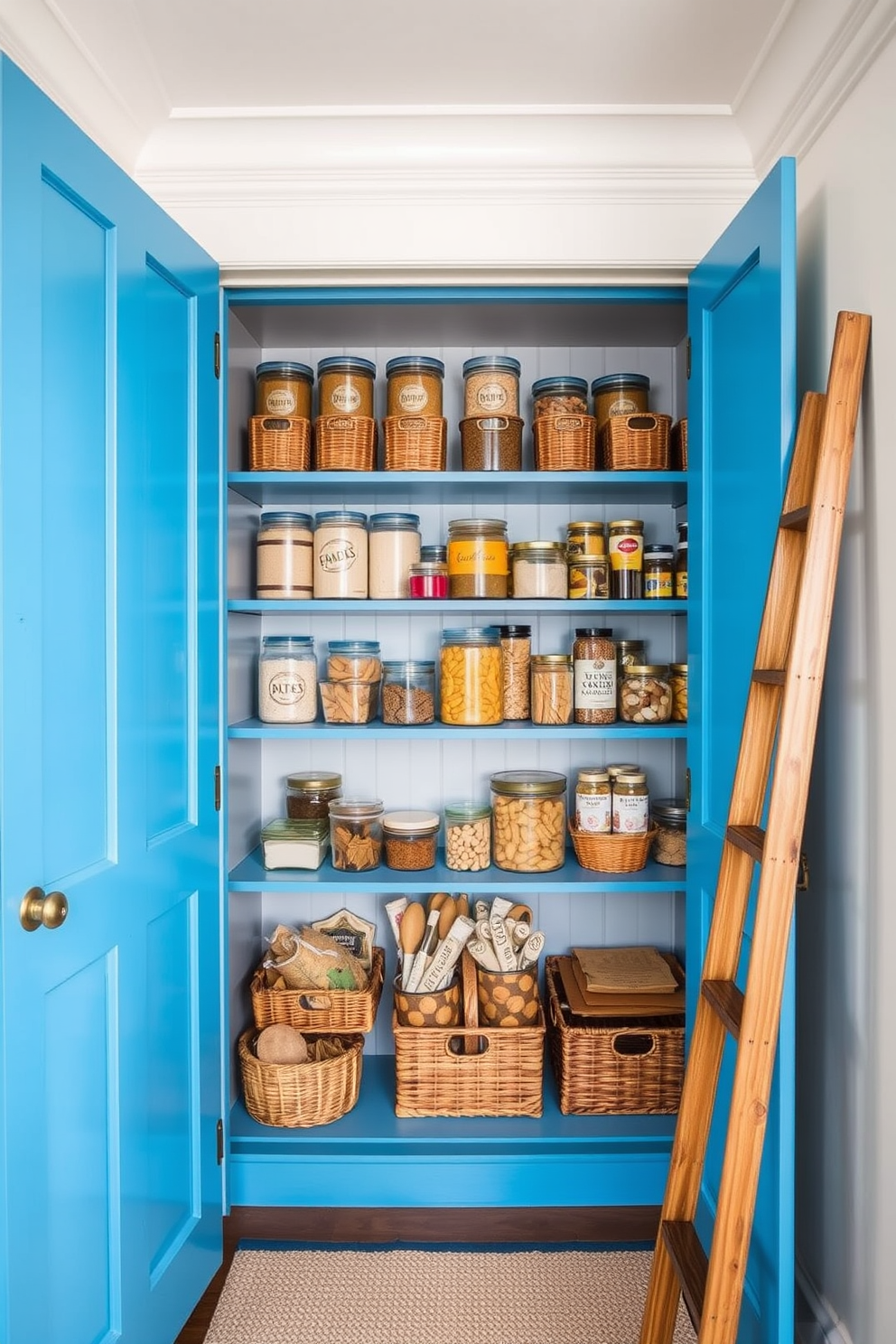 A colorful pantry with bright blue doors that create a cheerful and inviting atmosphere. The interior features open shelving filled with neatly organized jars and baskets, showcasing a variety of grains, spices, and snacks. The walls are painted in a soft white to enhance the vibrancy of the doors. A stylish wooden ladder leans against one shelf, adding both functionality and a touch of rustic charm.