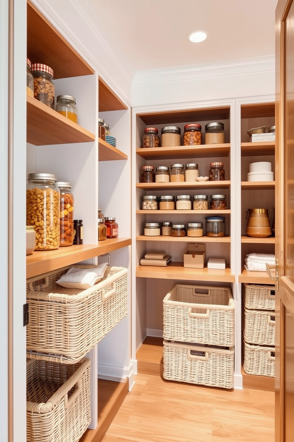 A spacious pantry featuring pull-out baskets for easy organization and access. The walls are painted in a soft white hue, complemented by warm wooden shelving that showcases neatly arranged jars and containers.