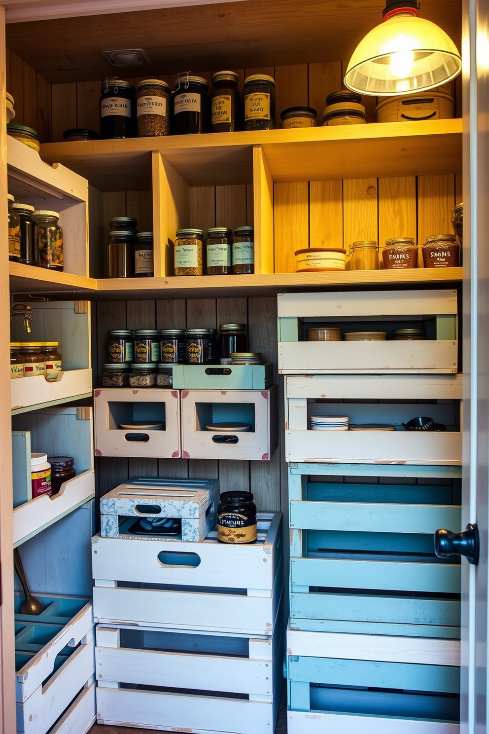 A charming pantry filled with vintage wooden crates arranged neatly for stylish storage solutions. The crates are painted in soft pastel colors and stacked in a way that showcases their rustic appeal. The pantry features open shelving above the crates, displaying jars of spices and preserved goods. A warm, inviting light illuminates the space, highlighting the natural wood tones and creating a cozy atmosphere.