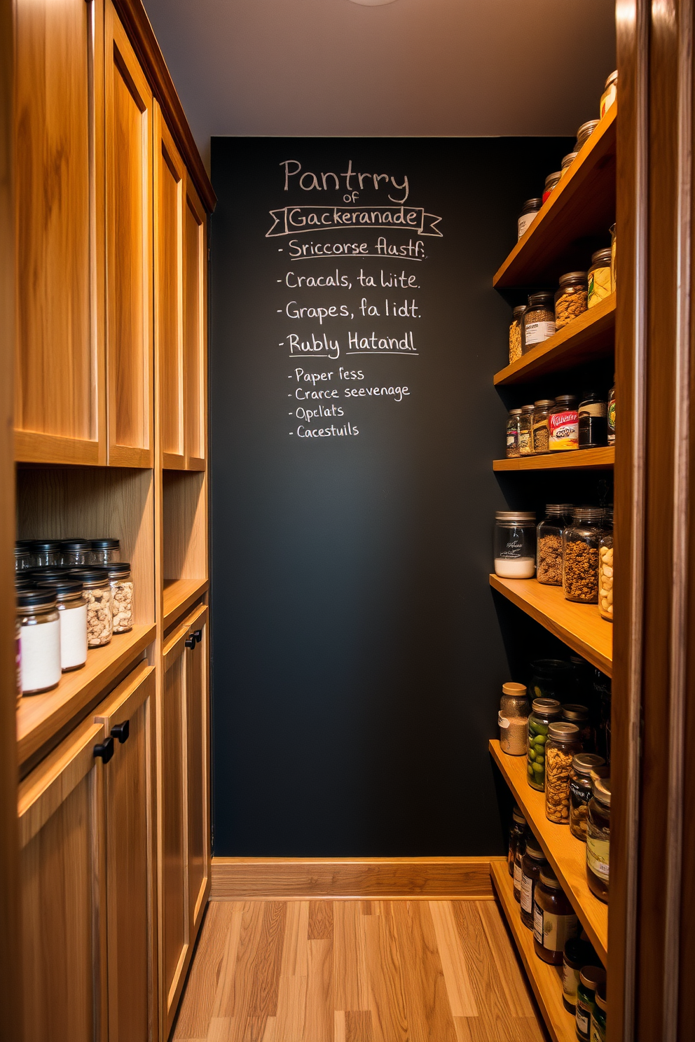 A spacious pantry featuring a chalkboard wall for jotting down notes and grocery lists. The shelves are filled with neatly organized jars and containers, showcasing a variety of spices and snacks. Warm wooden cabinetry complements the overall design, creating a cozy atmosphere. Soft, ambient lighting highlights the textures of the pantry, making it both functional and inviting.