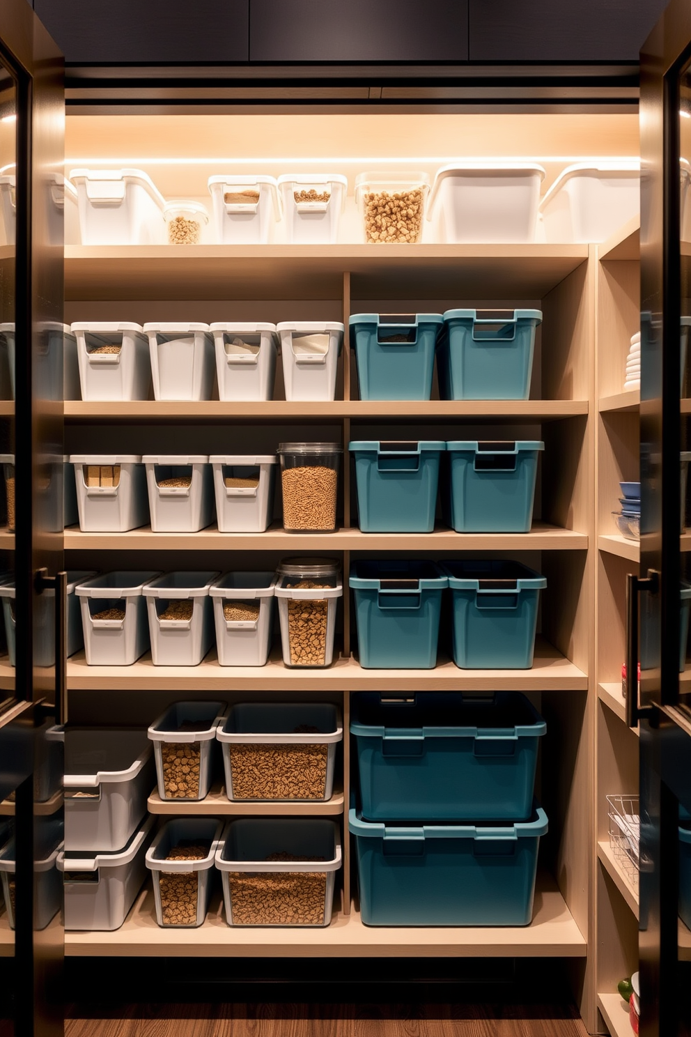 A modern pantry featuring stackable bins for efficient space use. The bins are organized by size and color, creating a visually appealing and functional storage solution. The pantry has open shelving that showcases the bins, allowing for easy access to ingredients. Soft lighting highlights the neatly arranged items, enhancing the overall aesthetic of the space.