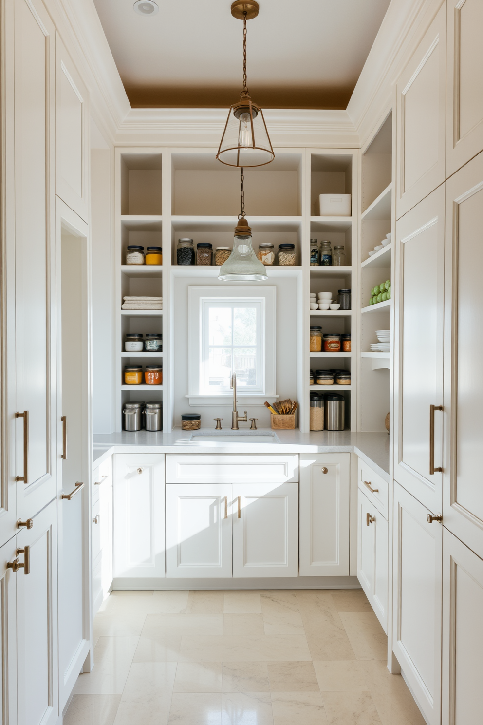 A spacious pantry featuring a large countertop designed for meal prep. The cabinetry is a mix of open shelves and closed storage, painted in a soft white finish for a clean and airy look. Natural light floods the space through a small window, illuminating the organized jars and containers on the shelves. A stylish pendant light hangs above the countertop, adding a warm touch to the functional area.