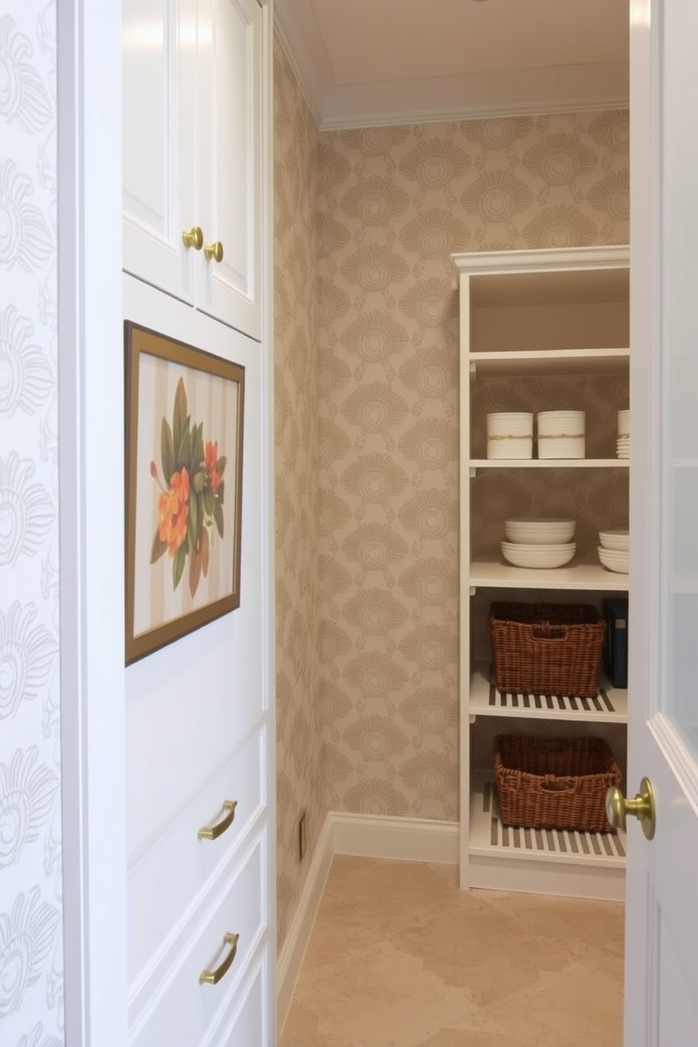 A beautifully designed pantry featuring decorative wallpaper that adds a touch of elegance. The pantry includes custom shelving and ample storage space, showcasing a blend of functionality and style.