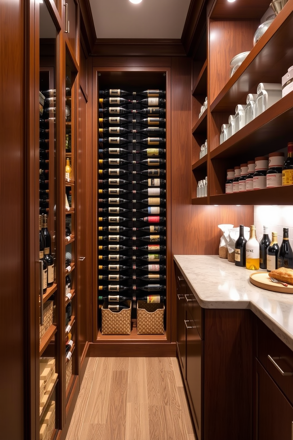 A spacious pantry features an integrated wine rack that showcases an array of bottles. The design includes ample shelving for dry goods and a countertop for meal prep, all accented by warm wood finishes.