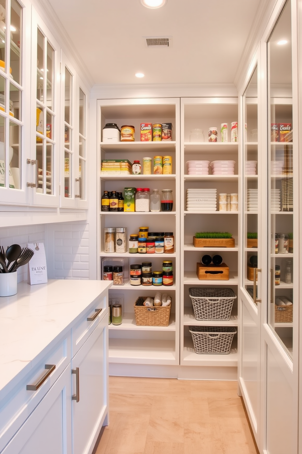 A spacious pantry featuring glass-front cabinets that allow for easy visibility of all stored items. The design includes ample shelving and organized storage solutions, with a stylish countertop for meal prep.