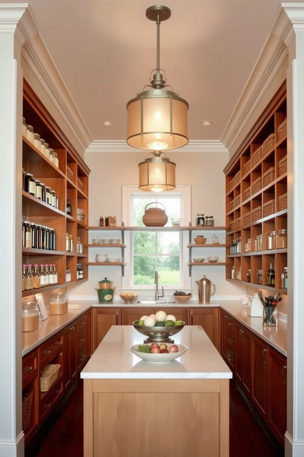 An open pantry featuring decorative lighting fixtures that create a warm and inviting atmosphere. The shelves are filled with organized jars and baskets, showcasing a variety of ingredients and kitchen essentials. The walls are painted in a soft neutral tone, complementing the rich wood of the shelving. A stylish island in the center provides additional storage and a space for meal prep, enhancing the overall functionality of the pantry.