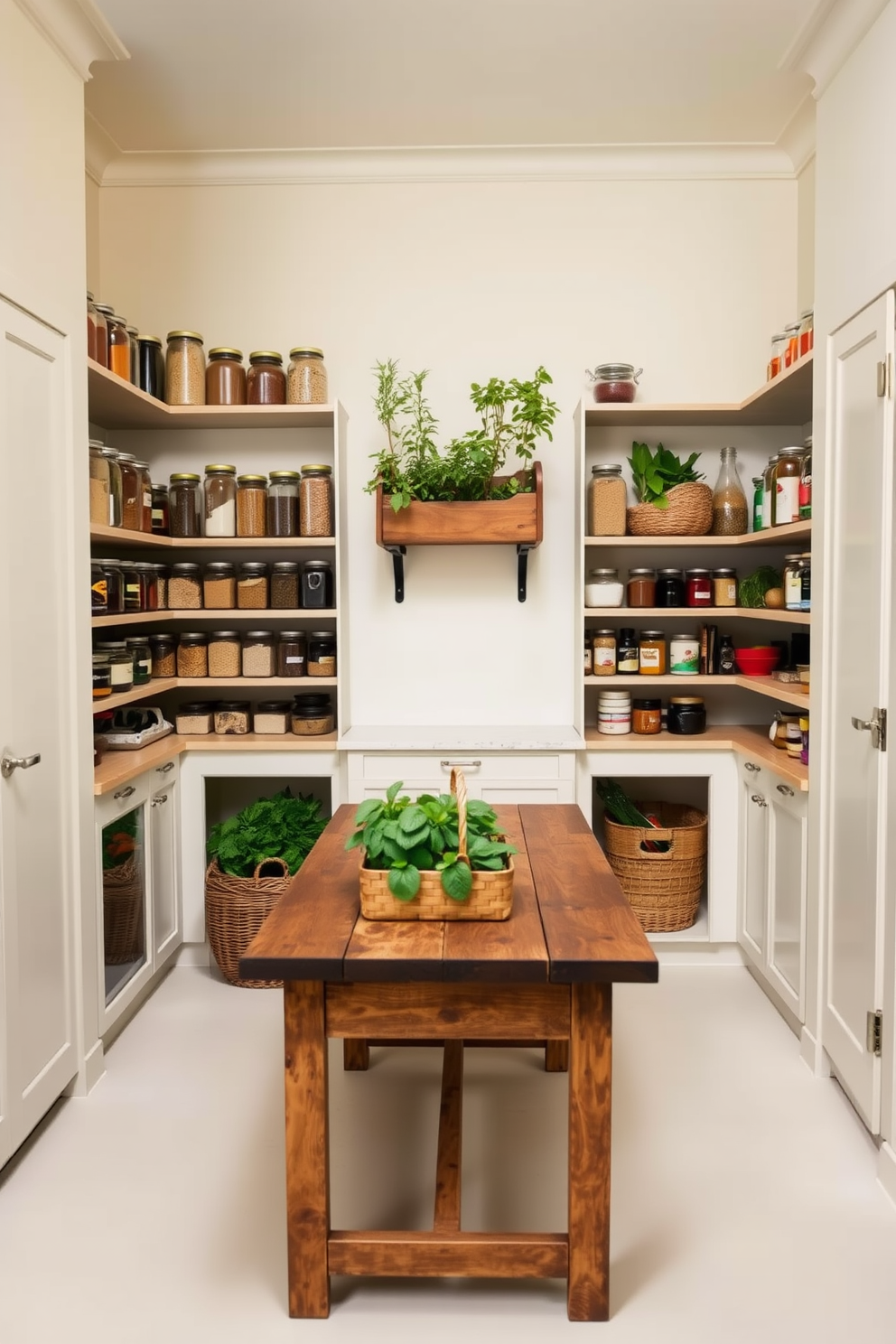 A spacious pantry featuring a small herb garden. The shelves are lined with glass jars filled with various spices and dried herbs, while a small wooden planter sits in the corner with fresh basil and rosemary. The walls are painted in a soft cream color, creating a warm and inviting atmosphere. A rustic wooden table in the center provides space for meal prep and displays fresh produce in woven baskets.