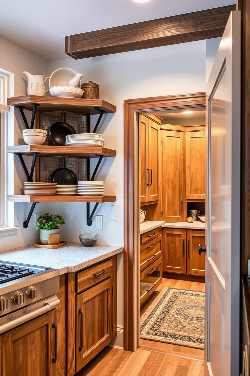 A cozy farmhouse kitchen featuring rustic metal accents that enhance the charm of the space. The design includes open shelving made of reclaimed wood, with metal brackets supporting the shelves and displaying vintage dishware. A spacious pantry designed with practicality in mind, showcasing custom-built wooden cabinets with ample storage. The layout includes pull-out drawers and a countertop area for meal prep, all accented by warm, inviting lighting.