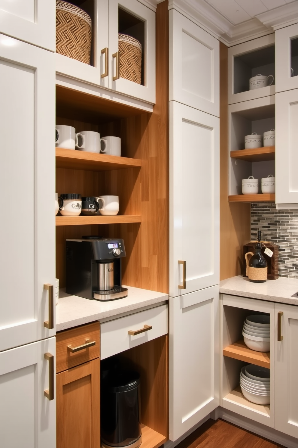 A spacious pantry designed with a dedicated coffee station featuring a sleek espresso machine and an assortment of coffee mugs displayed on open shelves. The cabinetry is painted in a soft white hue, complemented by warm wooden accents and a stylish backsplash that adds a touch of elegance.