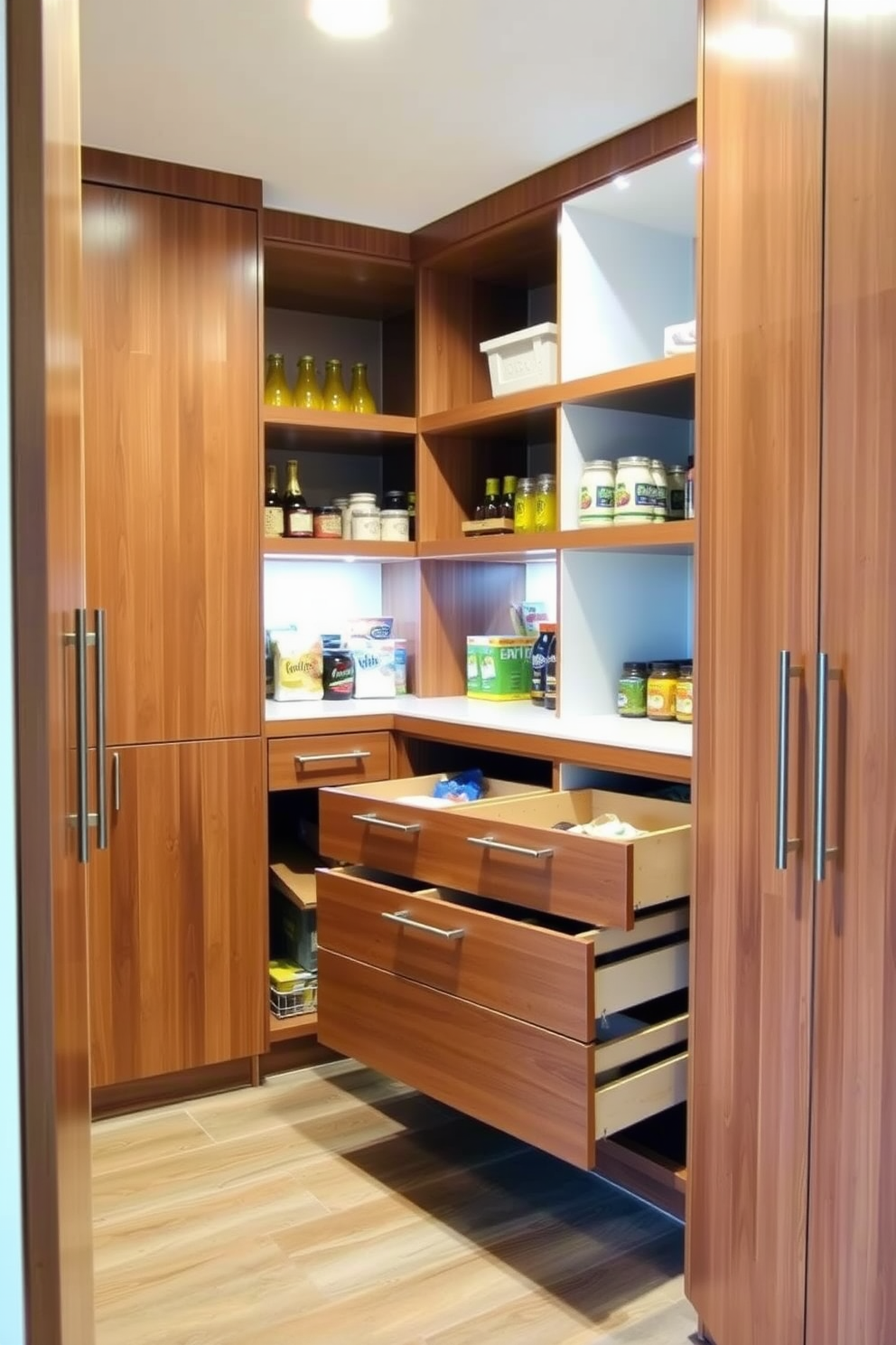 A spacious pantry featuring deep drawers designed for bulk item storage. The cabinetry is finished in a warm wood tone, complemented by sleek metal handles and ample lighting for easy access.