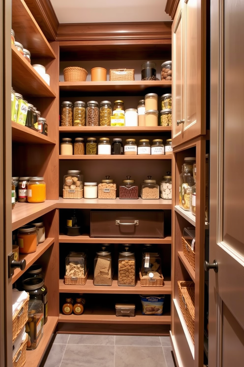 A spacious pantry featuring a mix of open shelving and closed cabinetry. The open shelves display neatly arranged jars and containers, while the closed cabinets provide hidden storage for bulk items.