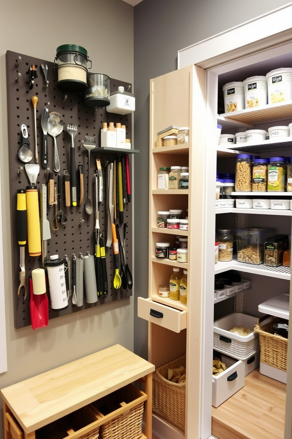 A functional pegboard design that maximizes space and organization. The pegboard is mounted on a wall with various hooks and shelves for hanging tools, utensils, and decorative items. A spacious pantry featuring open shelving and labeled containers for easy access. The design includes a combination of pull-out drawers and baskets to keep ingredients organized and within reach.