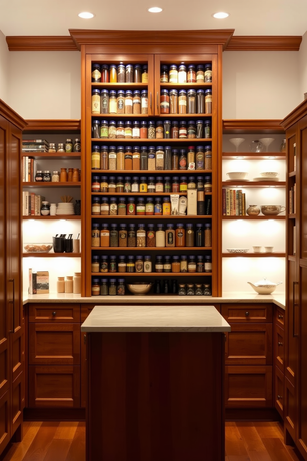 A spacious pantry featuring a built-in spice rack that showcases an array of colorful spices in glass jars. The cabinetry is a warm wood finish, complemented by open shelving displaying cookbooks and decorative containers. The pantry includes a large island in the center with a countertop for meal prep. Soft, ambient lighting illuminates the space, creating an inviting atmosphere for cooking enthusiasts.