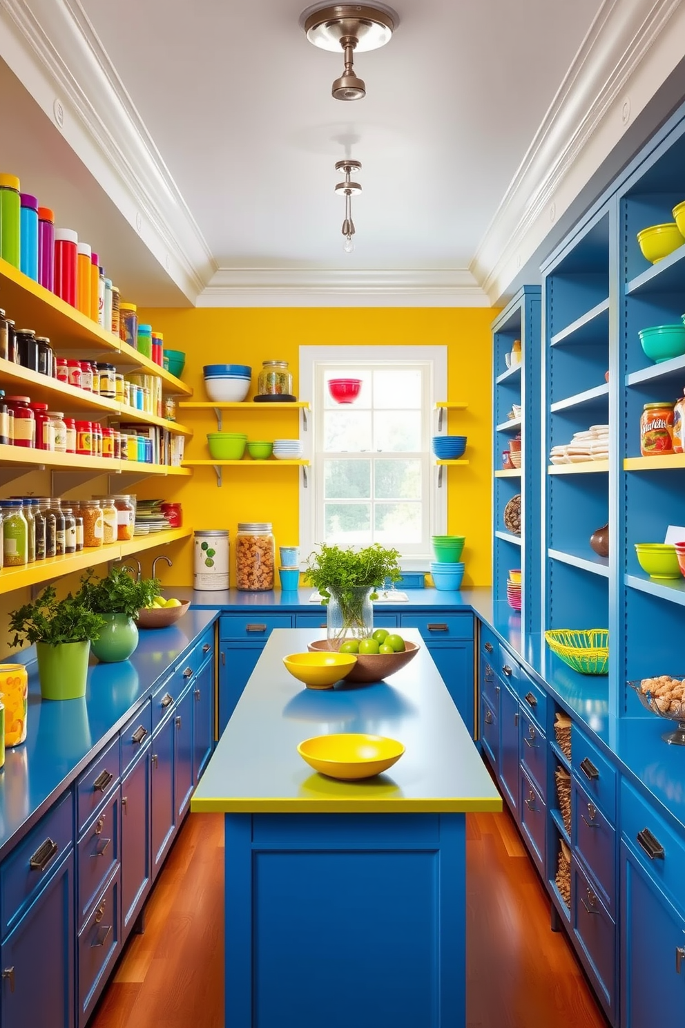 A bright and cheerful pantry filled with vibrant colors. The walls are painted in a lively yellow, and the shelves are stocked with colorful containers and jars. The pantry features a large island in the center with a bold blue countertop. Bright green accents, such as potted herbs and decorative bowls, add a fresh touch to the space.