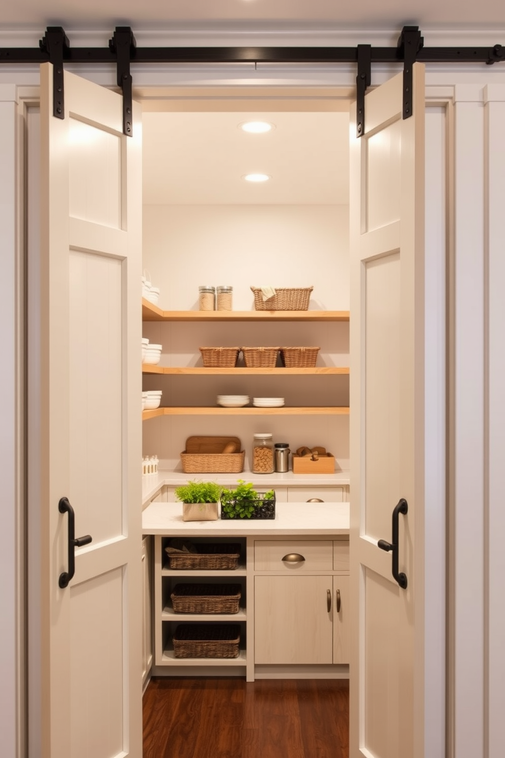 A spacious walk-in pantry featuring sliding barn doors that open to reveal organized shelving and storage solutions. The interior is designed with wooden shelves, a countertop for meal prep, and decorative baskets for easy access to ingredients. The walls are painted in a soft white hue, creating a bright and airy atmosphere. Accent lighting enhances the functionality and aesthetics, while a small herb garden sits on the countertop, adding a touch of greenery.