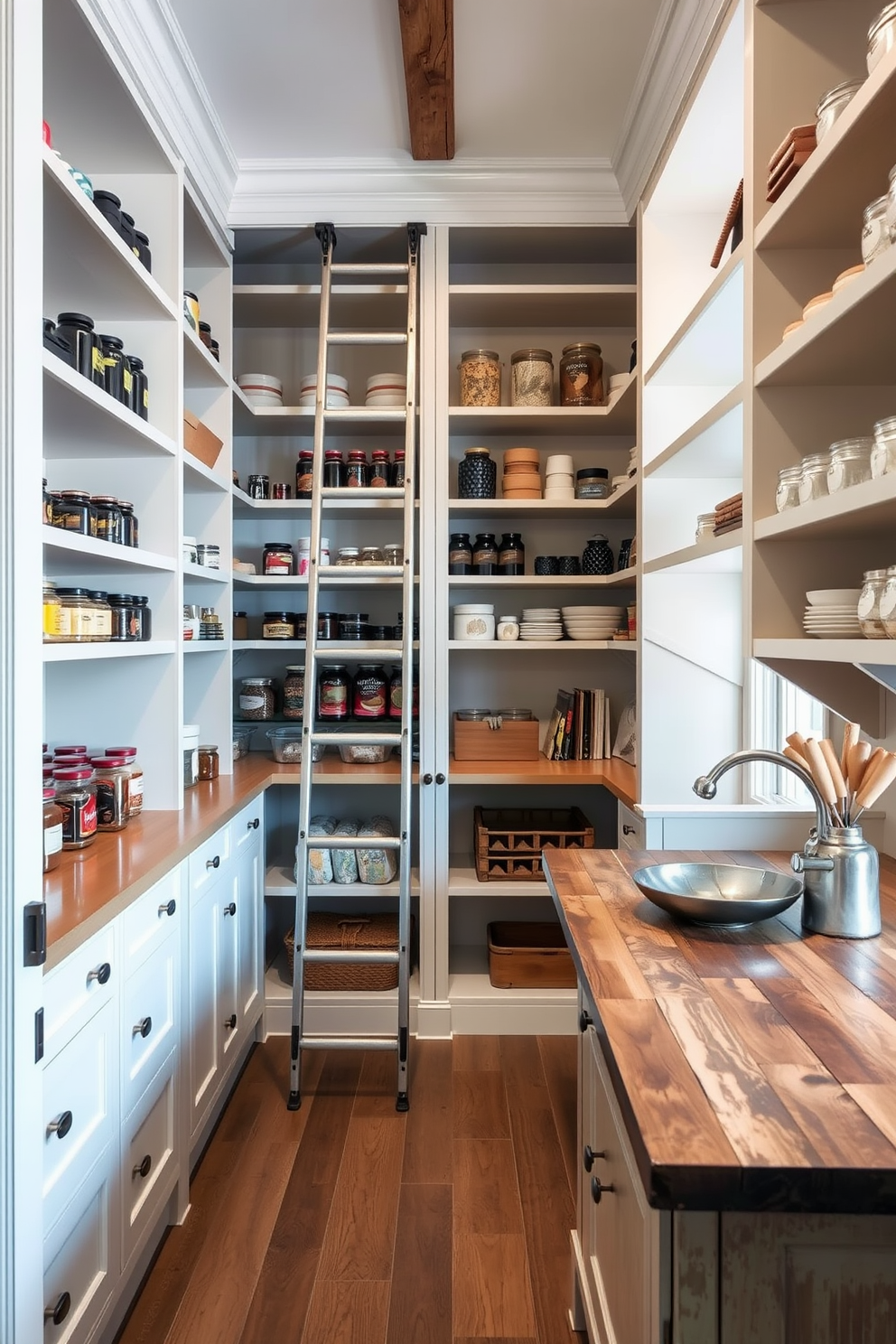 A spacious pantry featuring a sliding ladder for easy access to high shelves. The design includes open shelving for displaying jars and containers, complemented by a rustic wooden countertop for food prep.