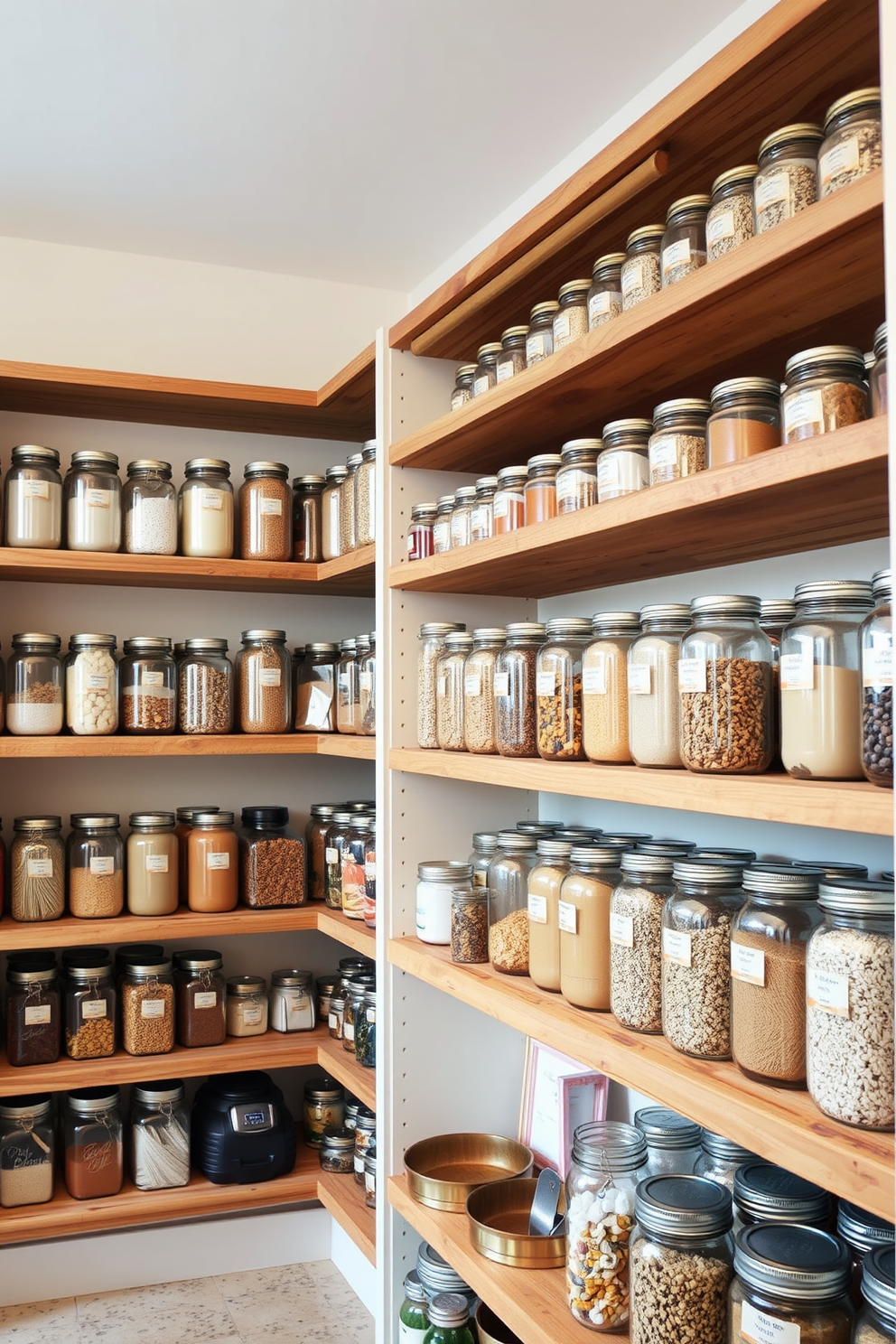 A large pantry with open shelves displaying organized mason jars filled with various dry goods. The shelves are made of reclaimed wood, creating a warm and inviting atmosphere, while the walls are painted in a soft cream color to enhance the brightness of the space.