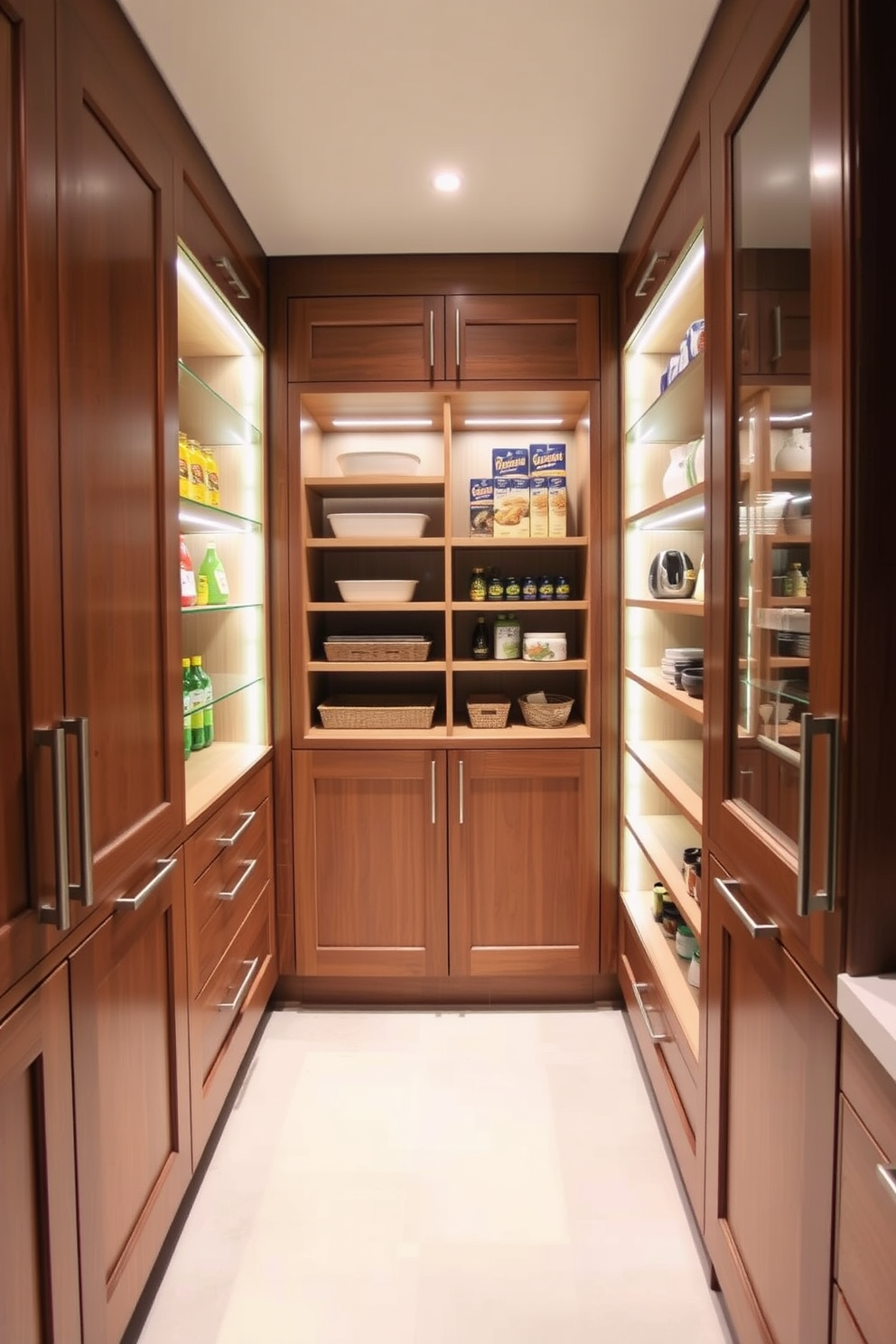 A spacious built-in pantry featuring integrated lighting that highlights the organized shelves. The cabinetry is a rich wood finish, complemented by sleek metal handles and ample storage for dry goods and kitchen essentials.