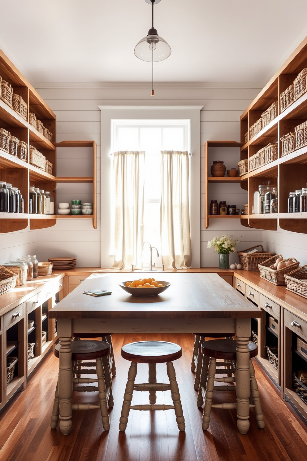 A cozy farmhouse style pantry features shiplap walls painted in a soft white hue. The space is filled with open wooden shelving that displays neatly organized jars and baskets, adding to the rustic charm. In the center, a large farmhouse table serves as a workspace, surrounded by vintage stools. Natural light streams in through a window adorned with simple linen curtains, illuminating the warm wood tones throughout the pantry.