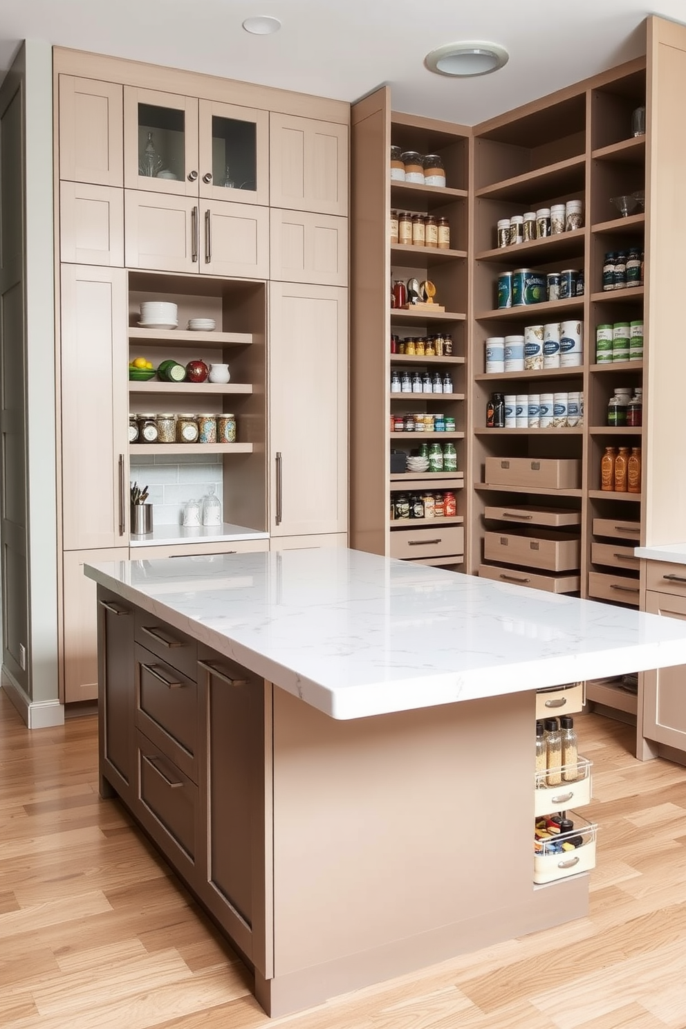 A multi-functional kitchen island features ample pantry storage with sleek cabinetry. The island is topped with a polished quartz surface, providing space for meal prep and casual dining. The large pantry is designed with custom shelving and pull-out drawers for easy access. It showcases organized storage solutions, including labeled containers and a dedicated spice rack.