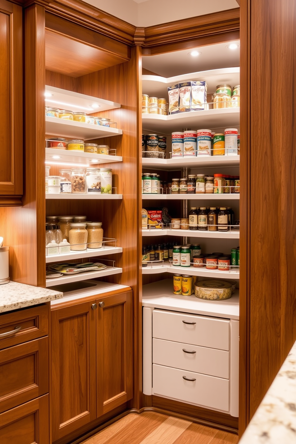 A corner pantry with rotating shelves features a spacious layout that maximizes storage efficiency. The shelves are designed to easily access items, with a combination of deep and shallow compartments for various pantry goods. The pantry is illuminated with soft LED lighting that enhances visibility while adding a warm ambiance. Elegant wooden cabinetry complements the rotating shelves, providing a cohesive and stylish look to the kitchen space.