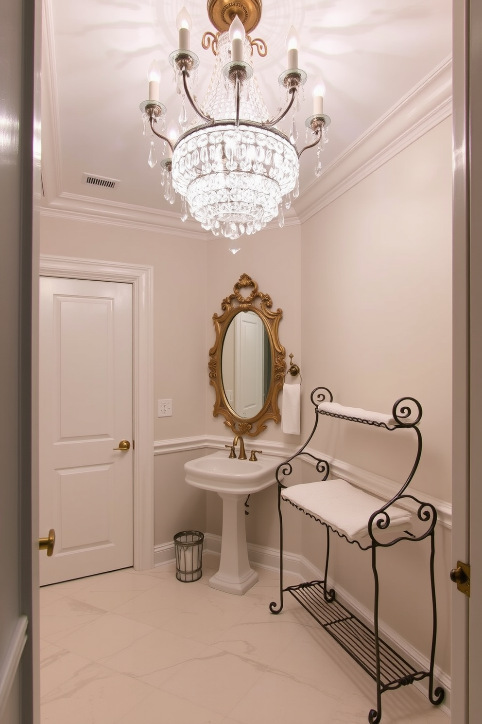 An elegant chandelier hangs majestically from the ceiling, its crystals reflecting light and creating a warm ambiance. The large powder room features a sleek marble floor and soft, neutral wall colors that enhance the space's sophistication. In one corner, a stylish pedestal sink is complemented by a vintage mirror with ornate detailing. Plush towels are neatly arranged on a decorative rack, adding a touch of luxury to the overall design.