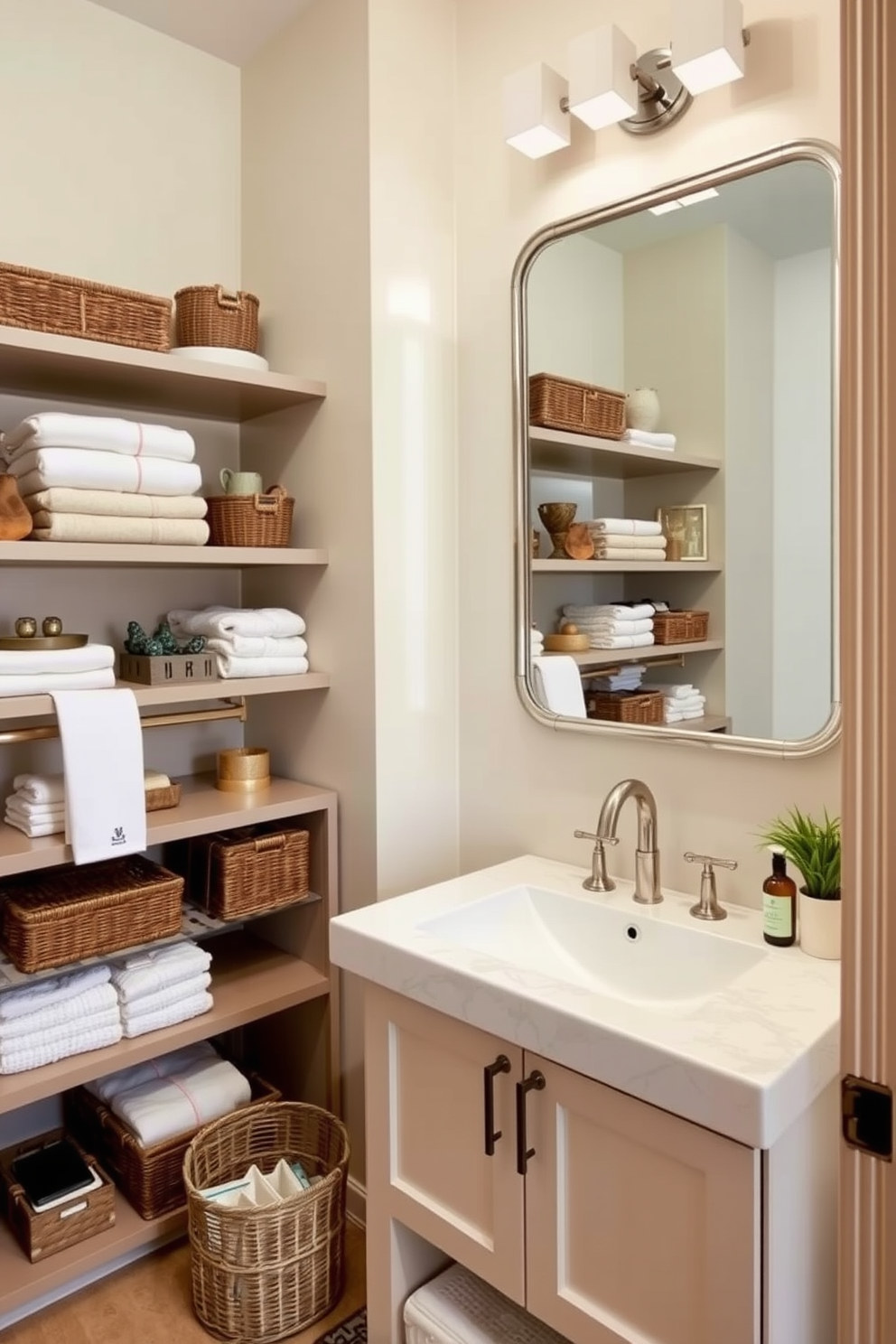 Open shelving creates a stylish storage option in a large powder room. The shelves are filled with neatly arranged towels, decorative baskets, and chic accessories, enhancing the room's aesthetic appeal. The walls are painted in a soft, neutral tone to create a calming atmosphere. A statement mirror above the sink reflects the natural light, making the space feel even larger and more inviting.