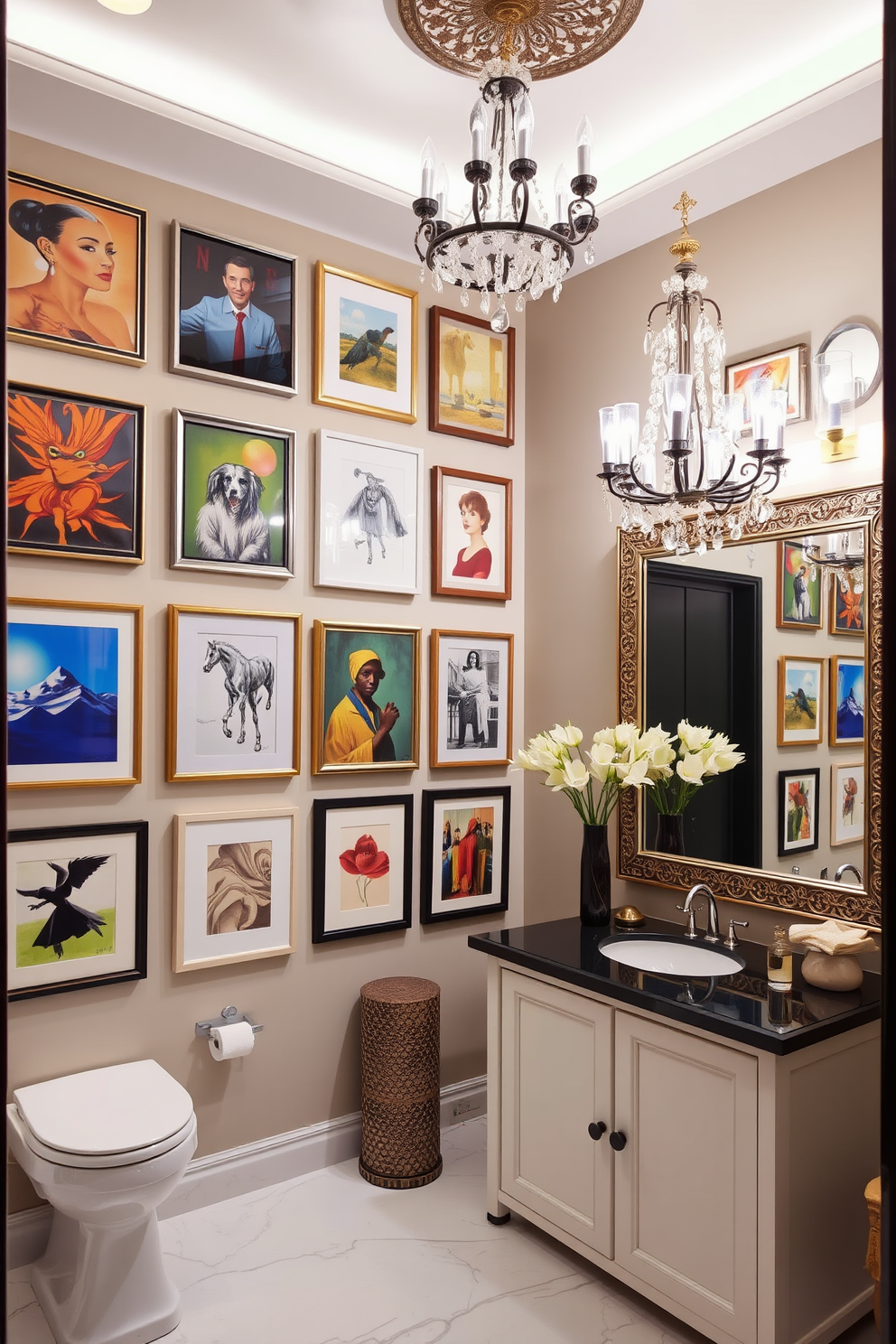 A creative art display featuring a mix of contemporary and classic pieces arranged in a gallery style on the walls. The artwork is complemented by stylish lighting fixtures that highlight each piece, creating a vibrant and personalized atmosphere. For the large powder room, envision a spacious layout with elegant fixtures and luxurious materials. The room includes a statement chandelier, a large mirror with intricate detailing, and a stylish console table adorned with decorative accessories.