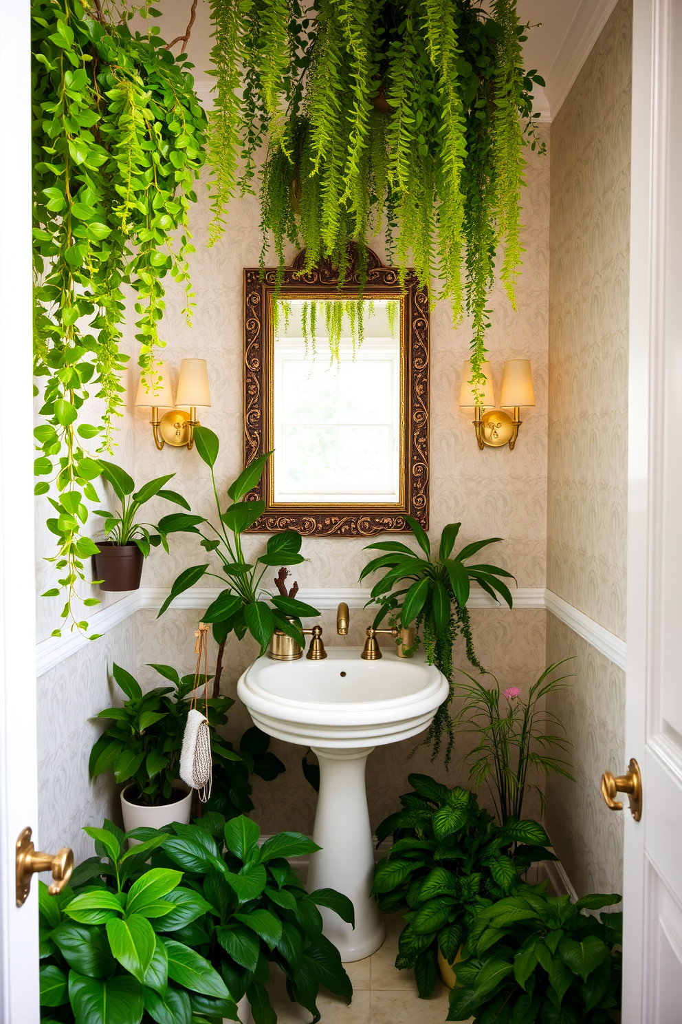 A large powder room filled with lush greenery creates a refreshing and inviting atmosphere. The space features a stylish pedestal sink surrounded by vibrant potted plants and hanging ferns that bring the outdoors in. The walls are adorned with soft, light-colored wallpaper that complements the greenery. A large mirror with a decorative frame reflects the natural elements, enhancing the room's brightness and openness.