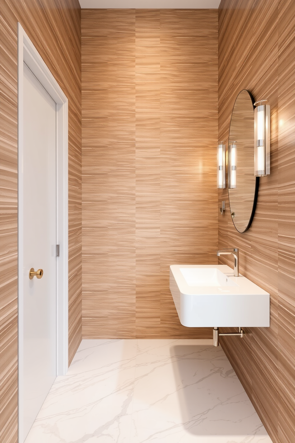 Textured wall panels create a striking backdrop in a large powder room. The space features elegant fixtures and a stylish sink that complement the rich textures of the walls. The flooring is a polished marble that enhances the room's sophistication. Soft lighting fixtures are strategically placed to highlight the beauty of the textured panels and create a warm ambiance.