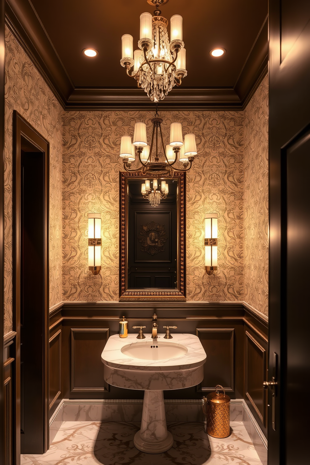 A large powder room featuring statement lighting fixtures that create a warm and inviting ambiance. The walls are adorned with elegant wallpaper, and a stylish chandelier hangs from the ceiling, casting a soft glow throughout the space.