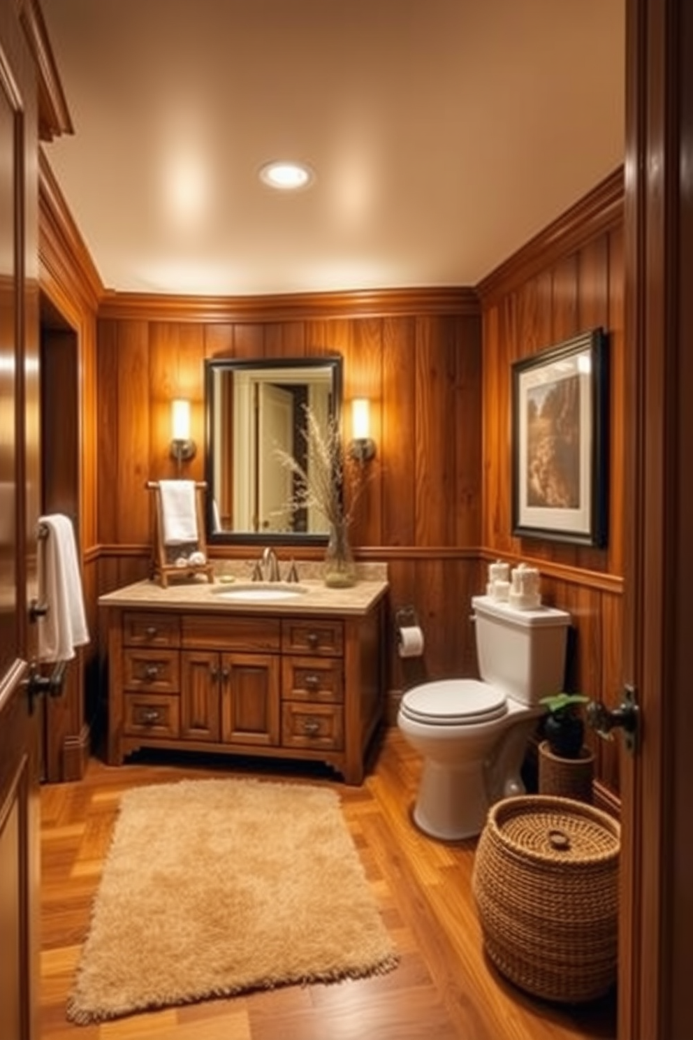 A large powder room featuring warm wood accents creates a cozy atmosphere. The space includes a spacious wooden vanity with a deep sink and elegant fixtures, complemented by soft ambient lighting. Rich wood paneling adorns the walls, enhancing the inviting feel of the room. A plush area rug in warm tones adds comfort underfoot, while decorative elements like framed artwork and potted plants bring life to the design.