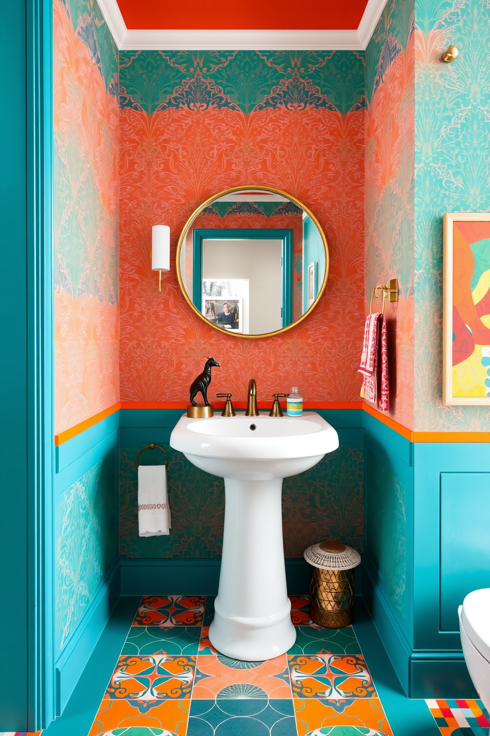 A bold color scheme featuring vibrant hues of teal and orange creates an energizing atmosphere in the large powder room. The walls are adorned with a striking geometric wallpaper, while the floor showcases a mix of colorful tiles that add to the dynamic feel of the space. A modern pedestal sink in a glossy white finish stands out against the vivid backdrop. Decorative elements like a large round mirror with a gold frame and colorful artwork enhance the room's lively character.