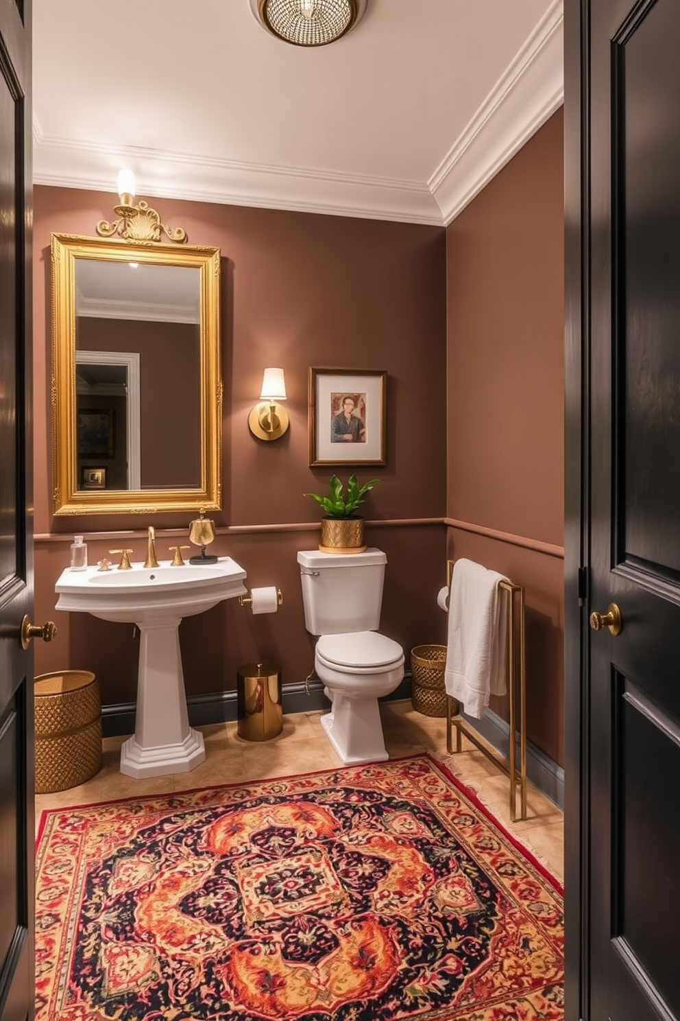 A large powder room features a statement decorative rug that adds warmth and texture to the space. The rug is layered over elegant tile flooring, complementing the rich color palette of the room. The powder room includes a stylish pedestal sink with a sleek faucet and a large mirror framed in antique gold. Soft lighting fixtures create a welcoming ambiance, enhancing the overall design aesthetic.