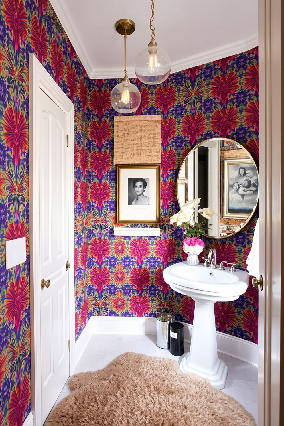 Bold wallpaper with vibrant patterns creates a striking focal point in a large powder room. The space features a stylish pedestal sink with a sleek chrome faucet and a large round mirror that enhances the room's brightness. Luxurious lighting fixtures hang from the ceiling, casting a warm glow over the colorful walls. A plush area rug adds comfort underfoot, while decorative accents like fresh flowers and unique artwork complete the inviting atmosphere.