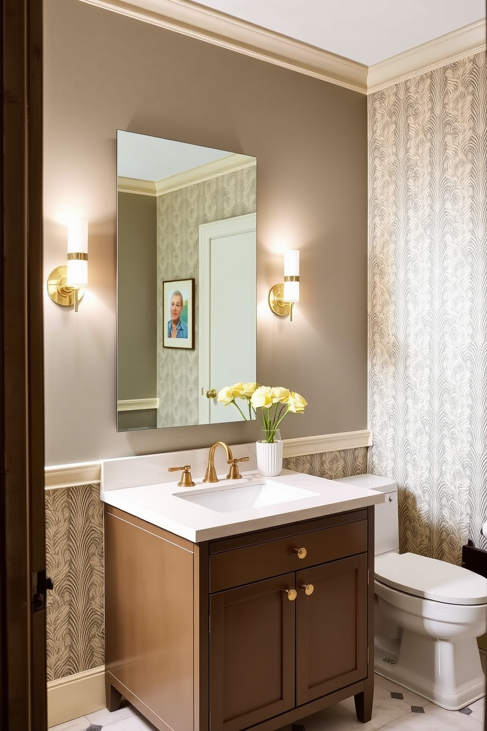 Stylish sconces provide a warm and inviting glow, enhancing the ambiance of the space. The large powder room features elegant fixtures and a sophisticated color palette that complements the overall design. The walls are adorned with tasteful wallpaper, adding texture and depth to the room. A chic vanity with a sleek countertop is paired with a large mirror that reflects the soft lighting from the sconces.