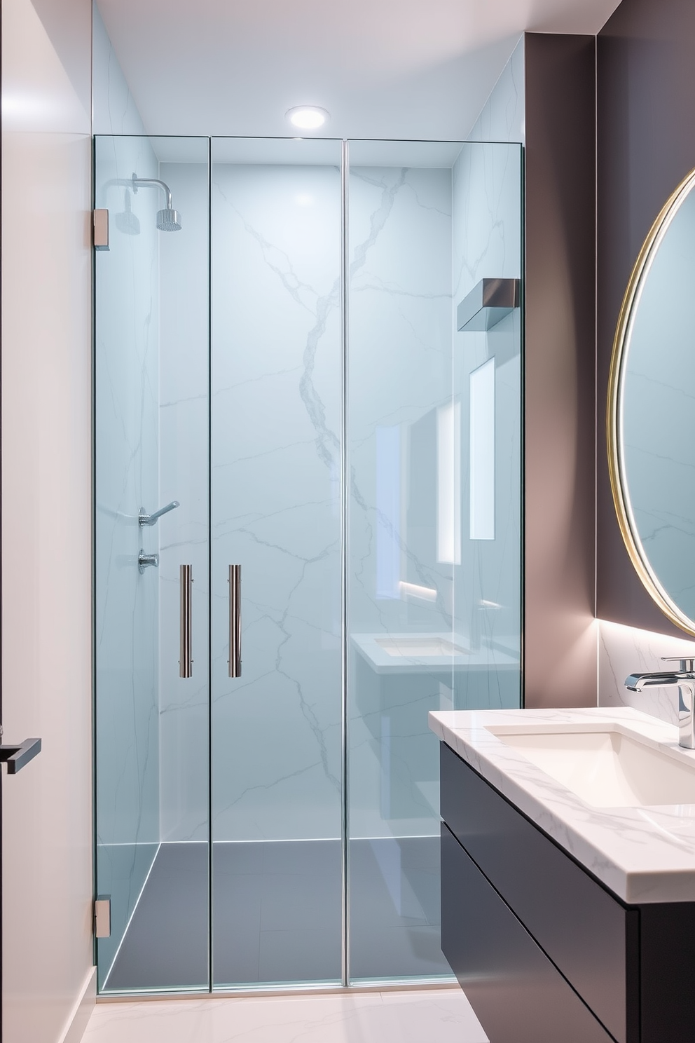 A glass shower enclosure stands as the centerpiece of a modern powder room, showcasing sleek lines and a minimalist aesthetic. The enclosure features frameless glass panels that create an open and airy feel, complemented by polished chrome fixtures. The powder room is designed with a contemporary flair, featuring a floating vanity with a striking vessel sink. Soft ambient lighting highlights the elegant marble backsplash, while a stylish mirror adds depth and sophistication to the space.