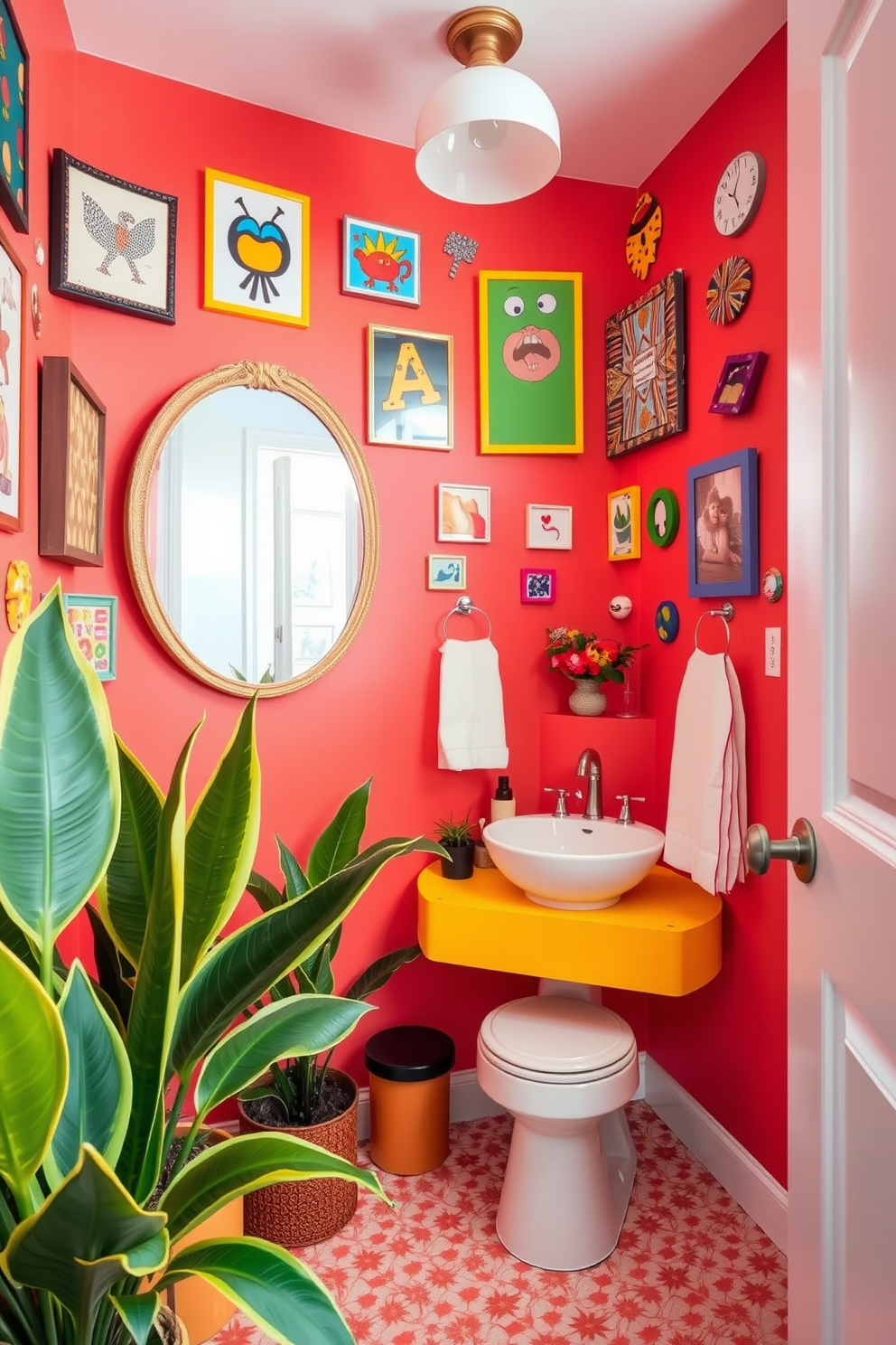 A whimsical powder room filled with playful decor elements. The walls are painted in a vibrant coral color, adorned with quirky art pieces and colorful wall decals. A large round mirror with a playful frame hangs above a bright yellow vanity. The floor is covered in a fun patterned tile, and oversized plants add a touch of greenery to the space.