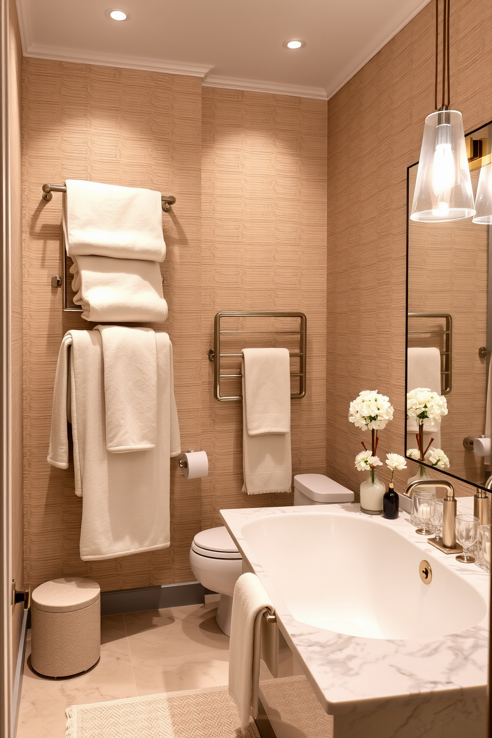 A luxurious powder room designed for relaxation features soft, plush linens in neutral tones draped elegantly over a stylish towel rack. The space is illuminated by soft ambient lighting, creating a serene atmosphere complemented by a large freestanding soaking tub. The walls are adorned with textured wallpaper in soothing shades, enhancing the spa-like ambiance. A chic vanity with a marble top holds elegant accessories, while a large mirror reflects the calming decor, making the room feel spacious and inviting.