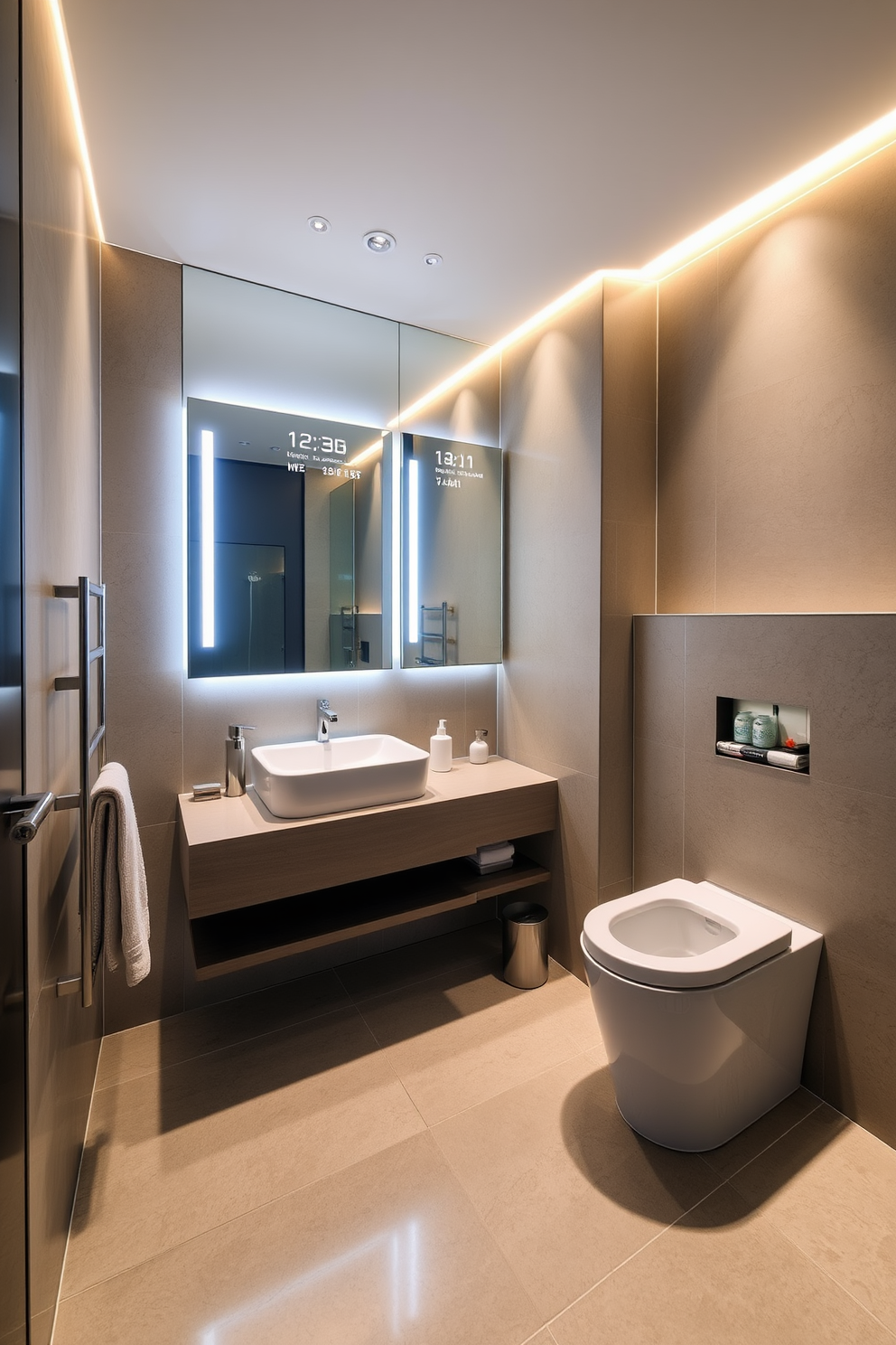 A large powder room designed with integrated technology for modern convenience features a sleek floating vanity with built-in LED lighting and touchless faucets. The walls are adorned with smart mirrors that display the time and weather, while the flooring consists of large format porcelain tiles in a neutral tone. Comfort is enhanced with a heated towel rack and a smart toilet that includes bidet functionality. Ambient lighting is adjustable through a smart home system, allowing for a customizable atmosphere that suits any occasion.