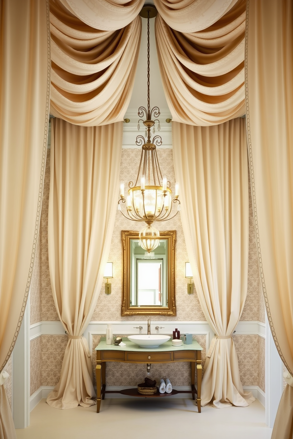 Elegant drapery cascades gracefully from the ceiling, adding a touch of softness and warmth to the large powder room. The fabric features a subtle pattern that complements the room's color palette, enhancing the overall ambiance. A statement chandelier hangs in the center, illuminating the space with a warm glow. The walls are adorned with elegant wallpaper, while a stylish console table with decorative accessories invites guests into the room.