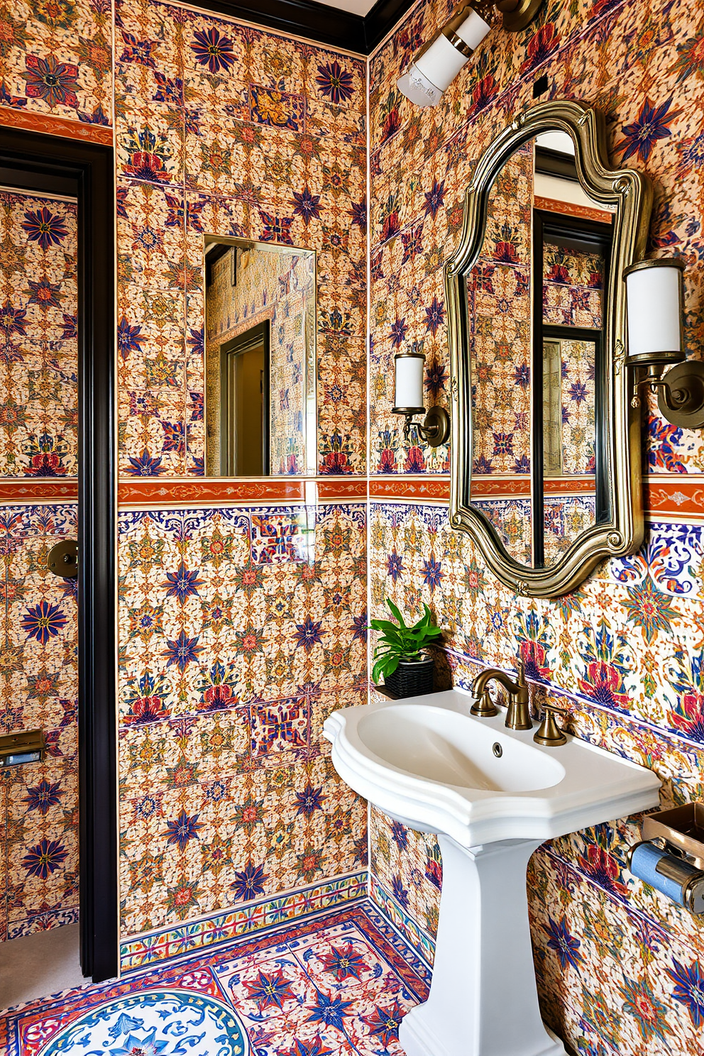 Artisan tiles create a handcrafted charm in a spacious powder room. The walls are adorned with intricate, colorful tiles that add a unique texture and warmth to the space. A large, elegant mirror with a vintage frame reflects the beauty of the tiles. The sink area features a stylish pedestal sink complemented by a chic faucet and a small potted plant for a touch of greenery.