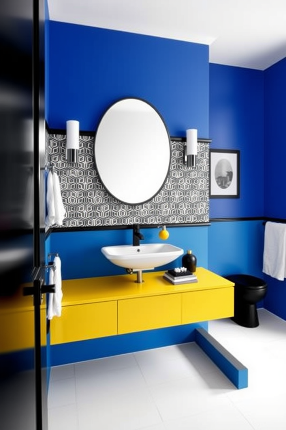 Bold color-blocking for contemporary flair. The large powder room features vibrant blue walls contrasted with a bright yellow vanity and striking black accents. A geometric patterned wallpaper adds visual interest, while a sleek white sink sits atop the colorful vanity. The floor is adorned with large white tiles, creating a clean and spacious feel.