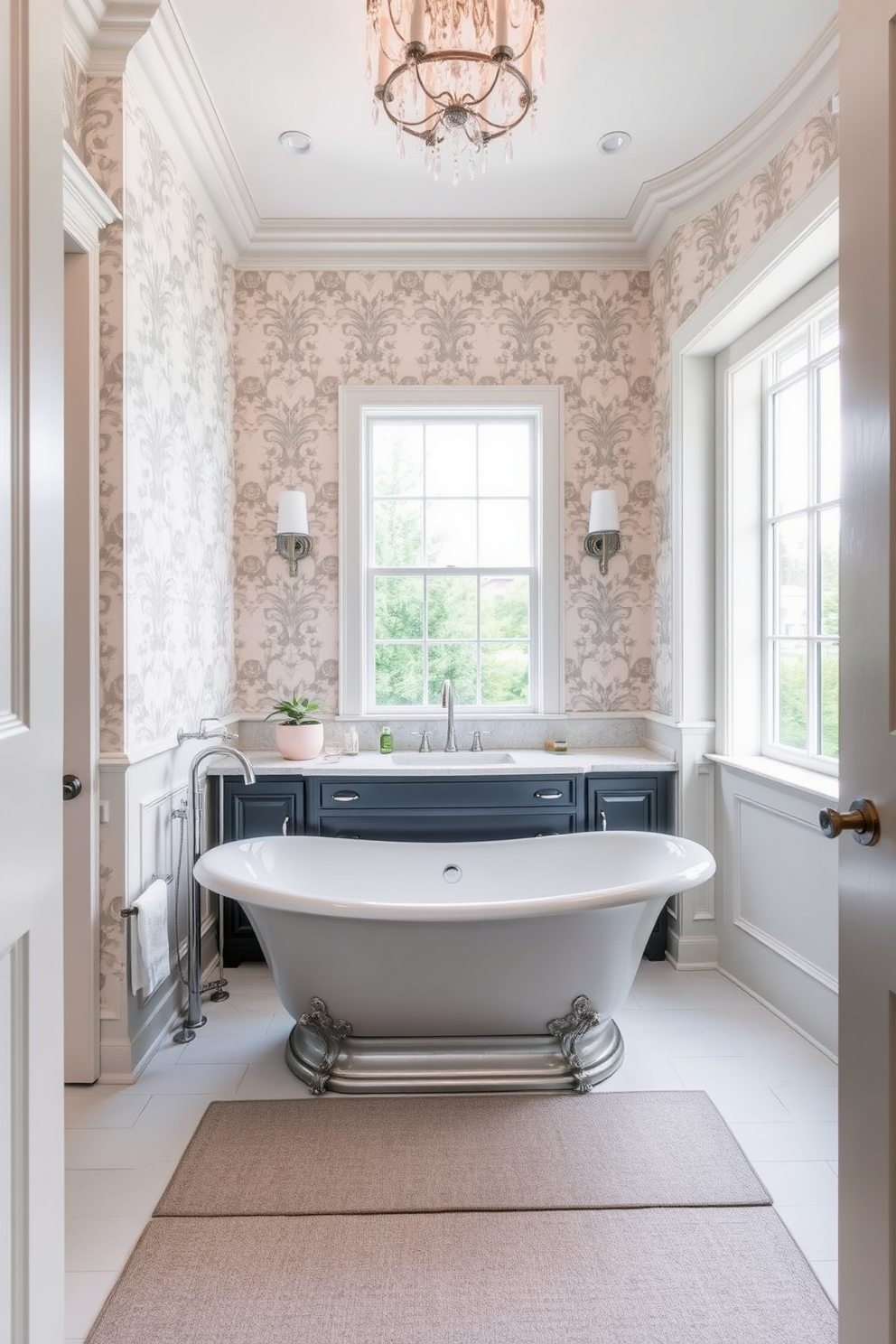 A stunning powder room featuring a freestanding tub as the centerpiece. The walls are adorned with elegant wallpaper in soft hues, creating a serene atmosphere. Surrounding the tub, there are stylish fixtures and a chic accent rug that adds warmth. A large window allows natural light to flood the space, highlighting the luxurious details throughout the room.