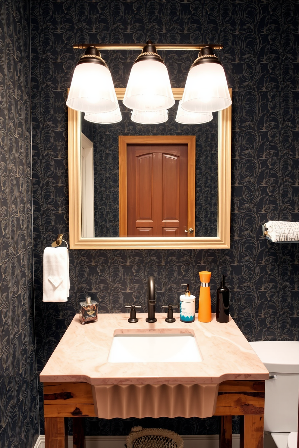 A large powder room featuring unique plumbing fixtures that serve as artistic focal points. The space is adorned with a striking wallpaper design that complements the bold colors of the fixtures. The vanity is crafted from reclaimed wood and topped with a vibrant stone surface. Elegant lighting fixtures hang overhead, casting a warm glow that enhances the room's inviting atmosphere.