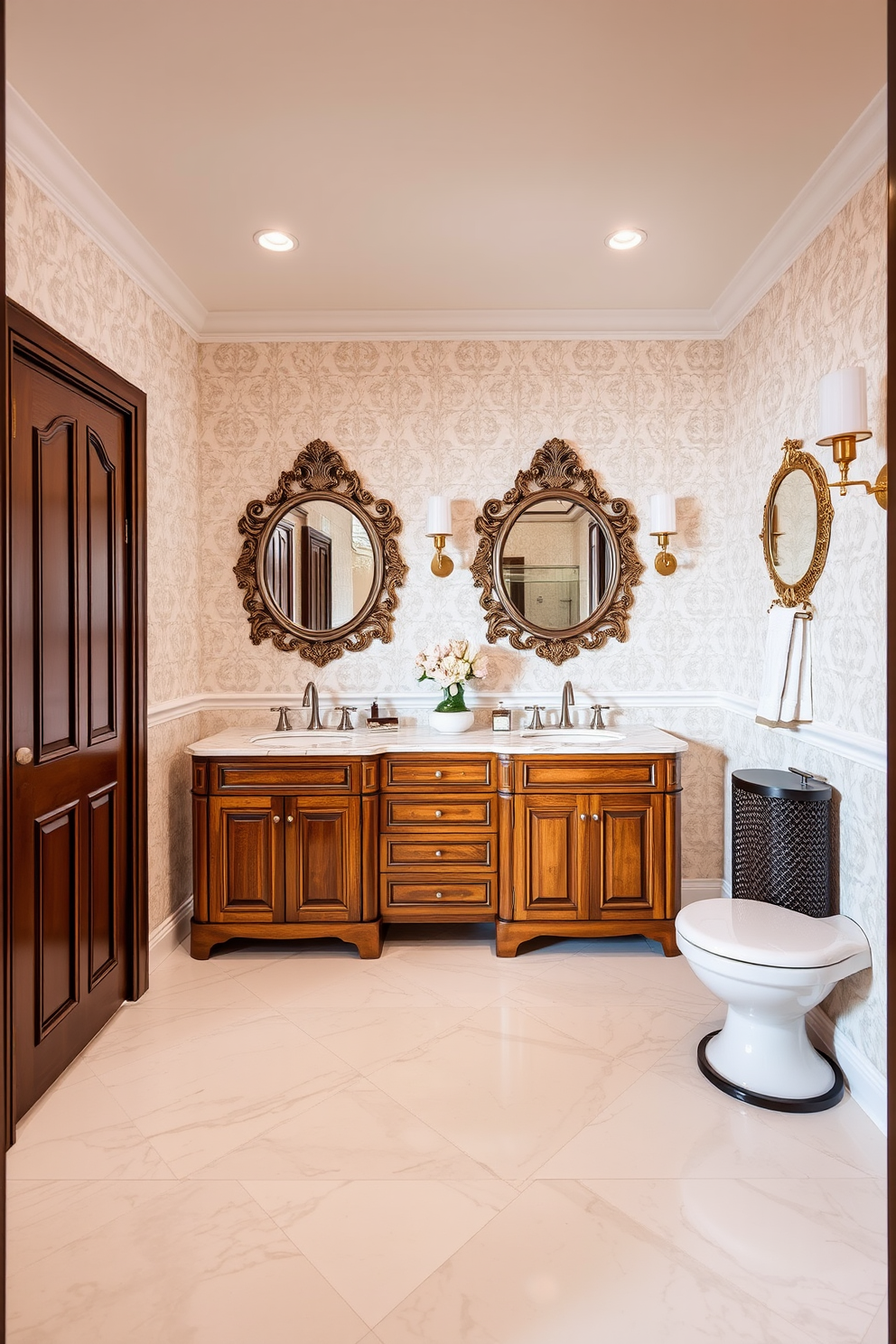 A spacious powder room featuring a double vanity with elegant fixtures and ample storage. The walls are adorned with a soft, neutral wallpaper that complements the warm wooden tones of the vanity. The floor is covered with luxurious marble tiles, creating a sense of sophistication. Decorative elements like ornate mirrors and stylish lighting fixtures enhance the overall ambiance of the space.