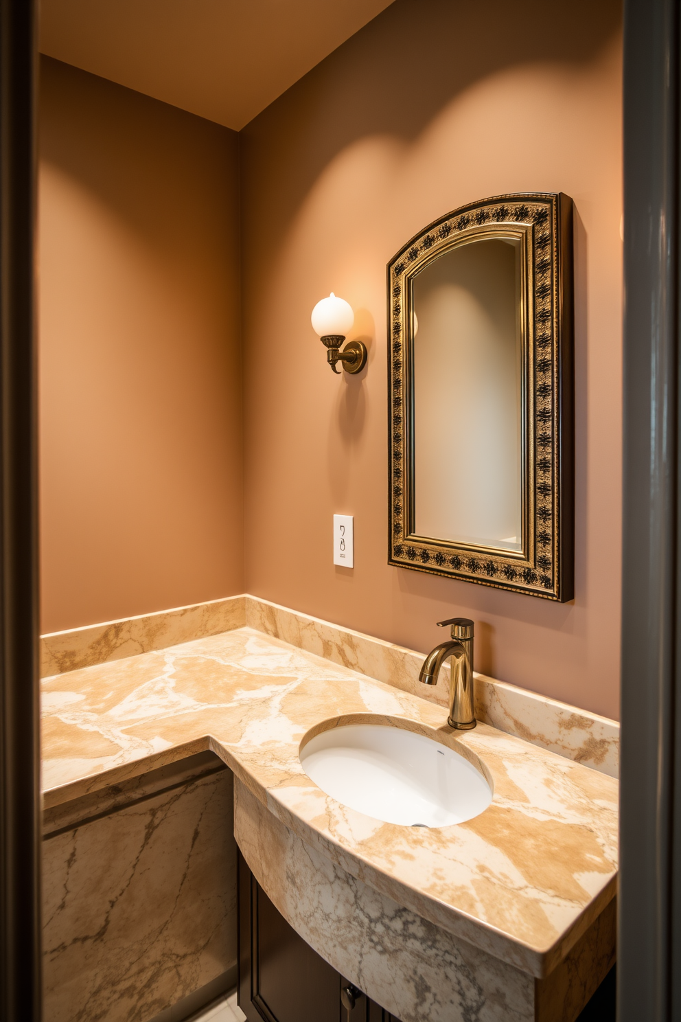 A luxurious powder room featuring natural stone countertops that exude elegance and sophistication. The space is adorned with soft lighting that highlights the textures of the stone and complements the rich color palette. The walls are painted in a warm neutral tone, creating a serene atmosphere. A stylish mirror with a decorative frame hangs above the sink, enhancing the room's upscale aesthetic.