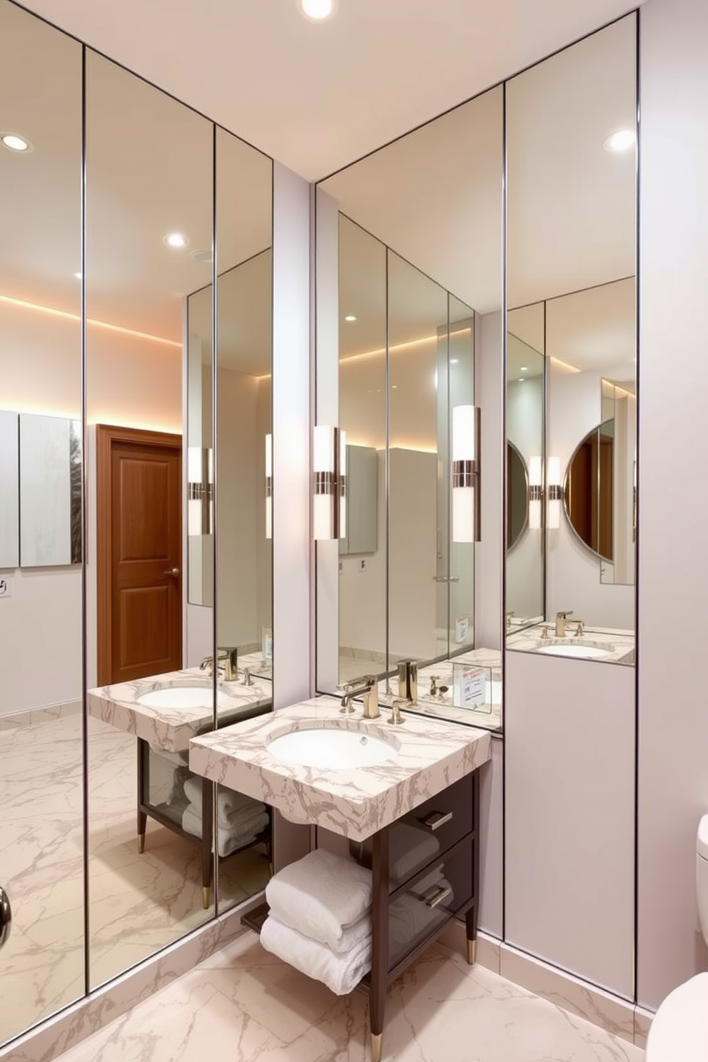 A large powder room featuring expansive mirrors that create an illusion of depth and openness. The design incorporates elegant fixtures and a stylish vanity, blending functionality with aesthetic appeal. The walls are adorned with a soft color palette that complements the reflective surfaces. Accent lighting highlights the mirrors, adding warmth and sophistication to the overall ambiance.