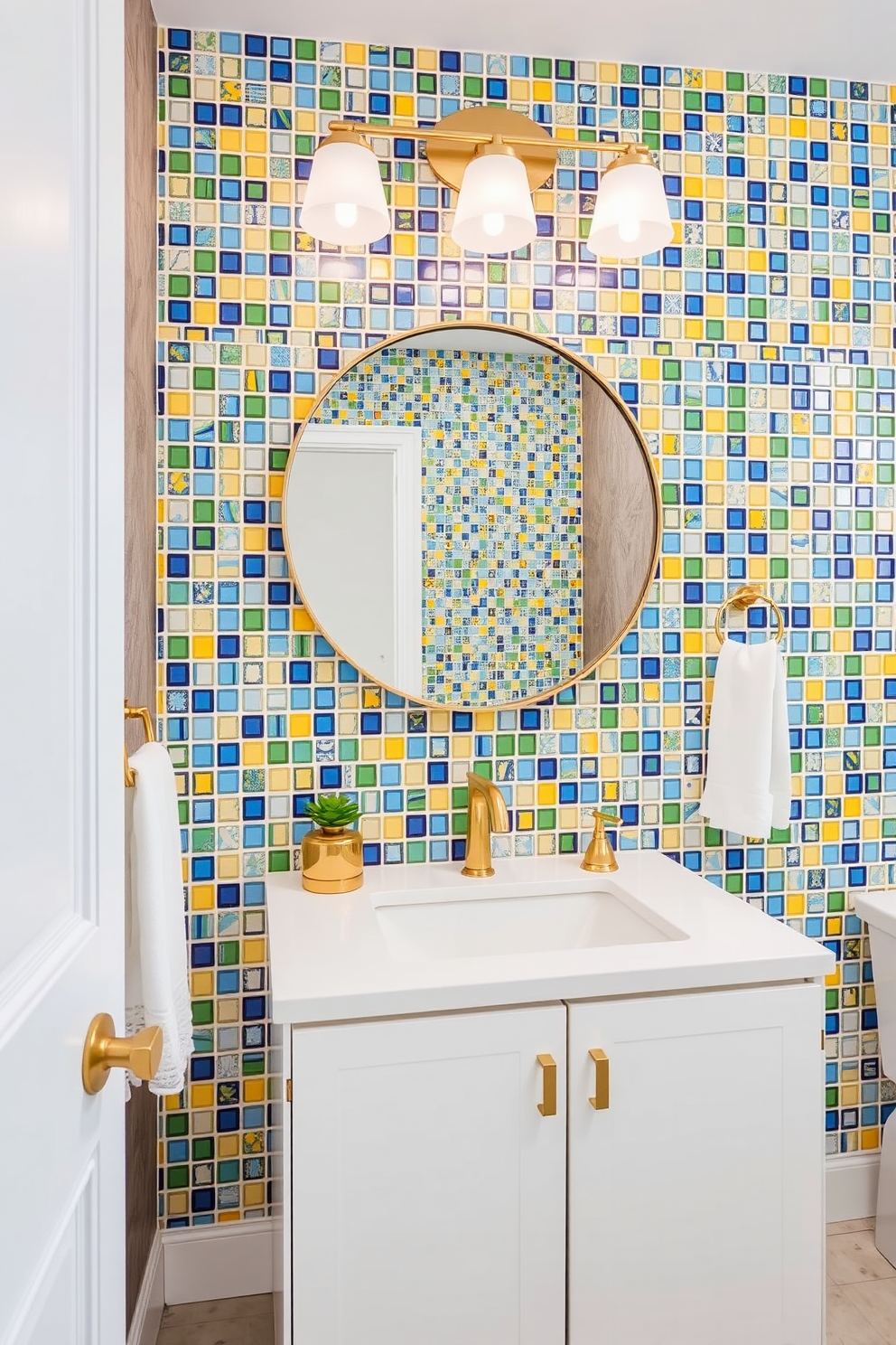 A vibrant tile backsplash featuring a mix of blue, yellow, and green tiles creates a stunning focal point in the large powder room. The spacious layout includes a sleek white vanity with gold fixtures and a large round mirror above it, enhancing the room's brightness and elegance.